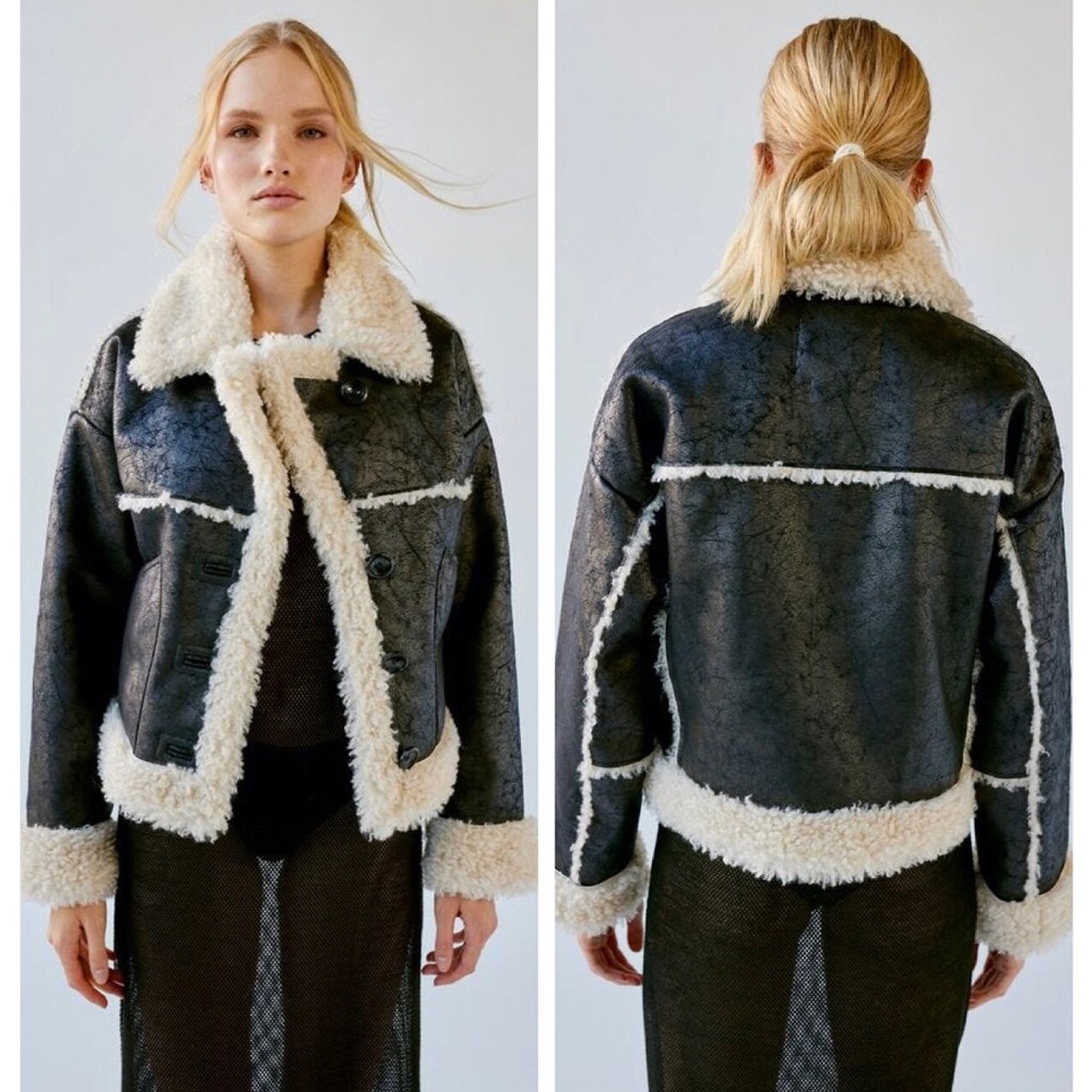 Urban Outfitters Maria Black Faux Leather Cream Fur Shearling Jacket Womens S